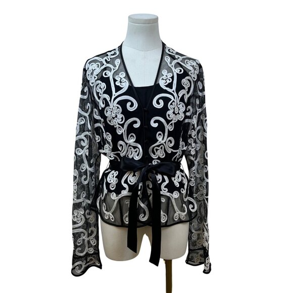 JS Collections Women's Black Embroidered Blouse With White Floral Design Sz 12 - Picture 1 of 12